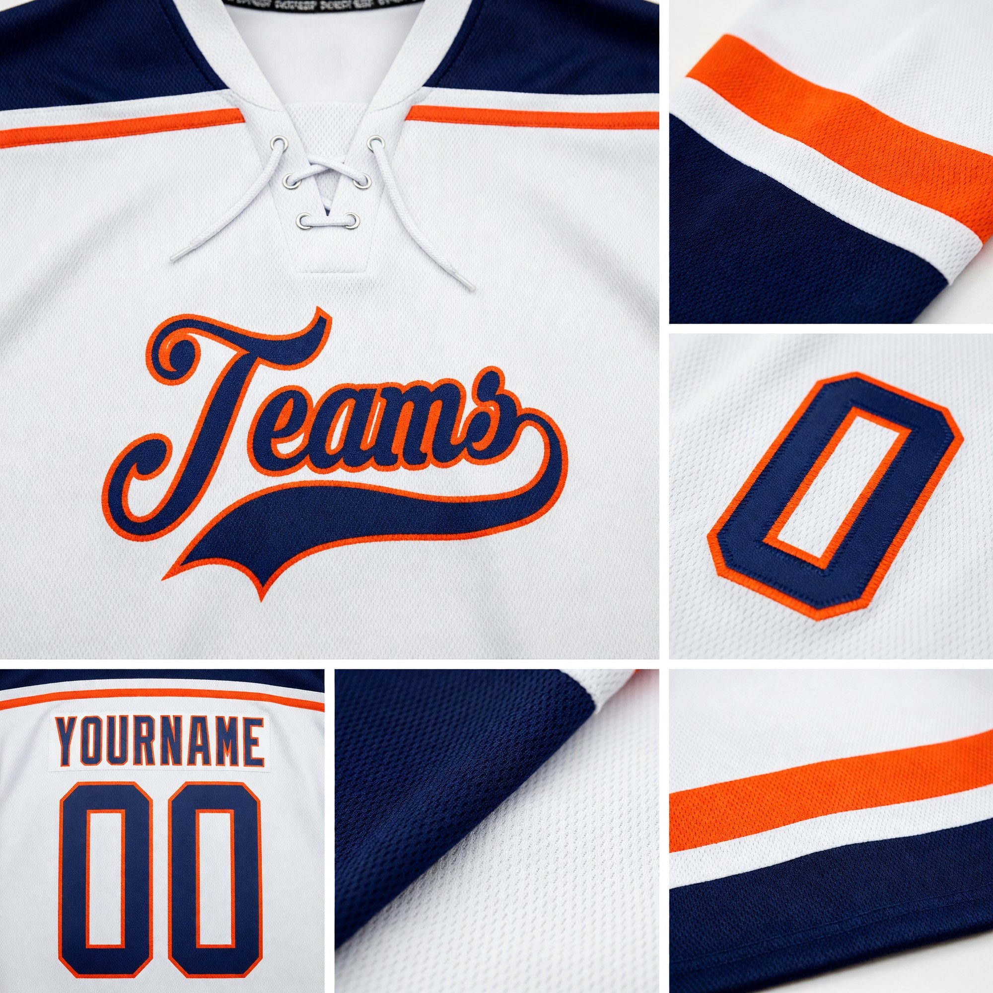 Custom White Navy-Orange Hockey Lace Neck Jersey detail