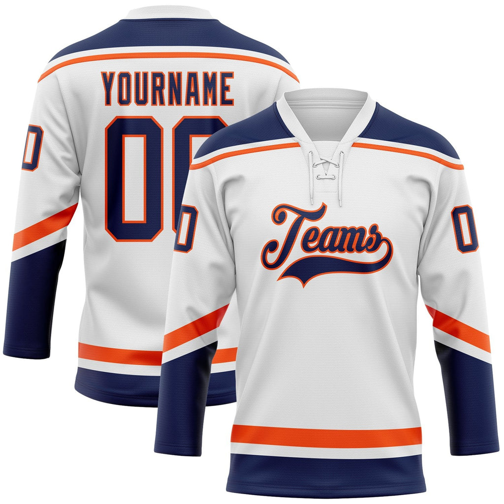 Custom White Navy-Orange Hockey Lace Neck Jersey photo 1