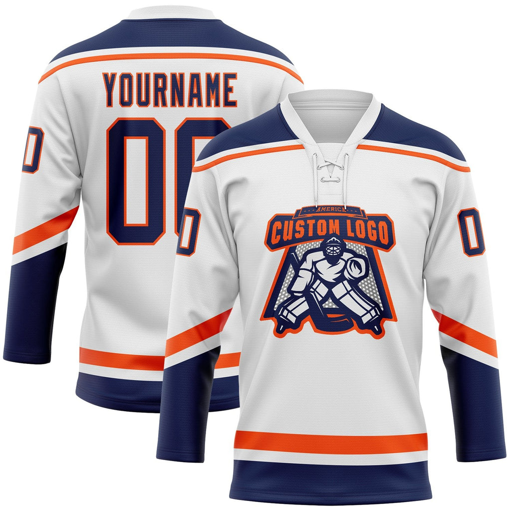 Custom White Navy-Orange Hockey Lace Neck Jersey photo 2