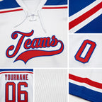 Custom White Red-Royal Hockey Lace Neck Jersey detail