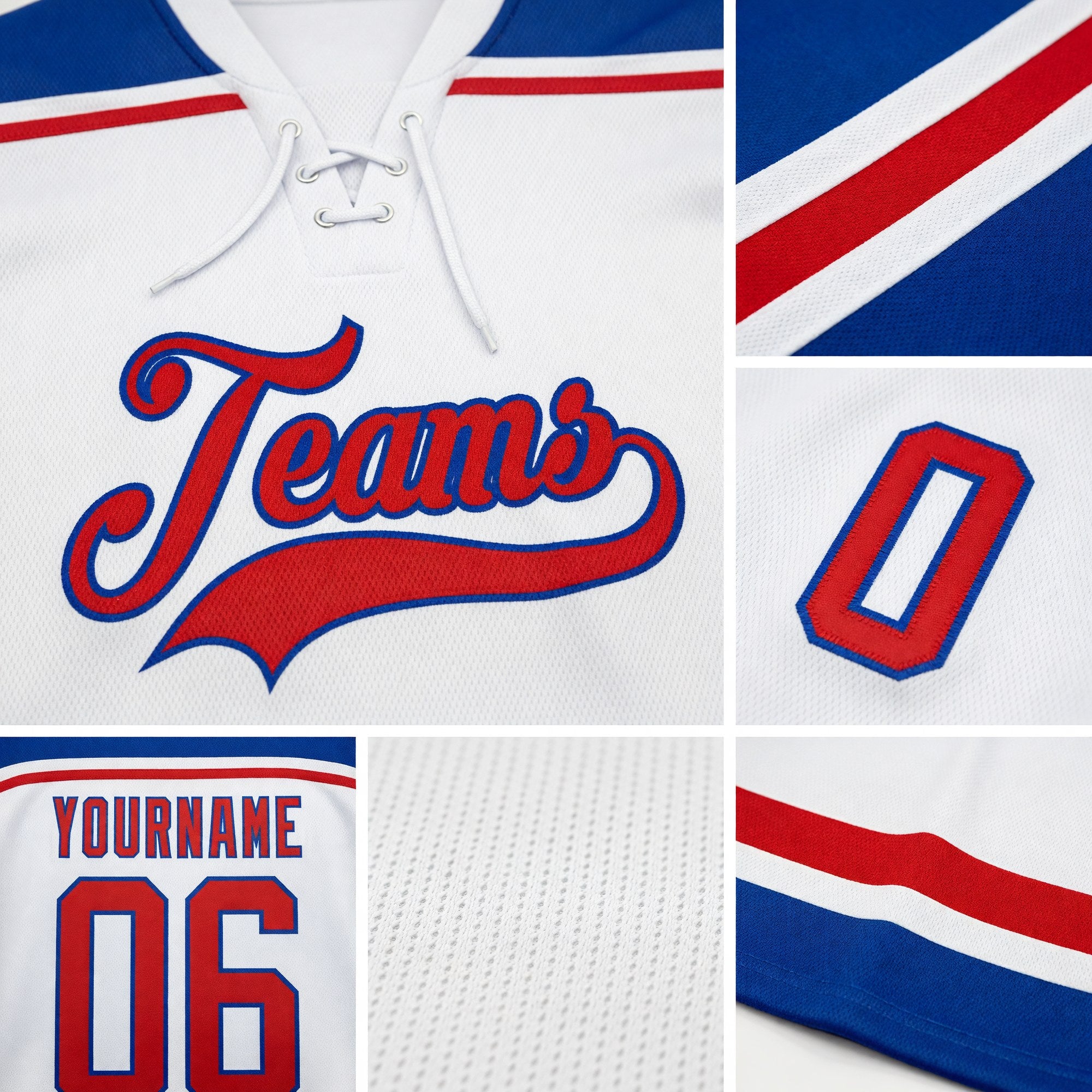 Custom White Red-Royal Hockey Lace Neck Jersey detail