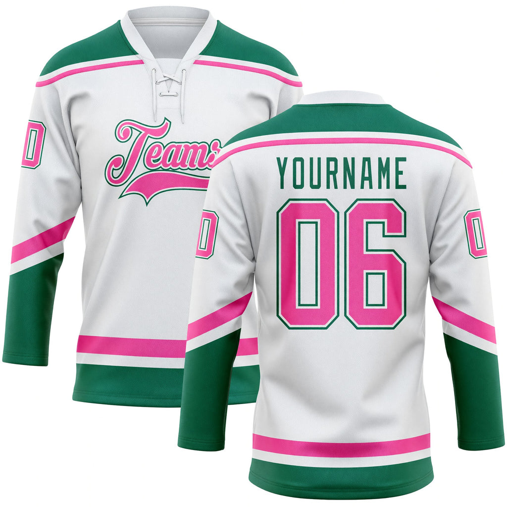 Custom White Pink-Kelly Green Hockey Lace Neck Jersey
