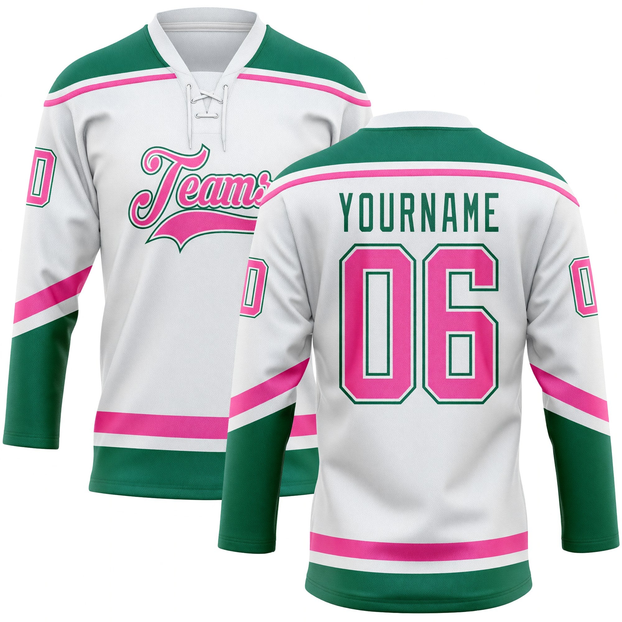 Custom White Pink-Kelly Green Hockey Lace Neck Jersey
