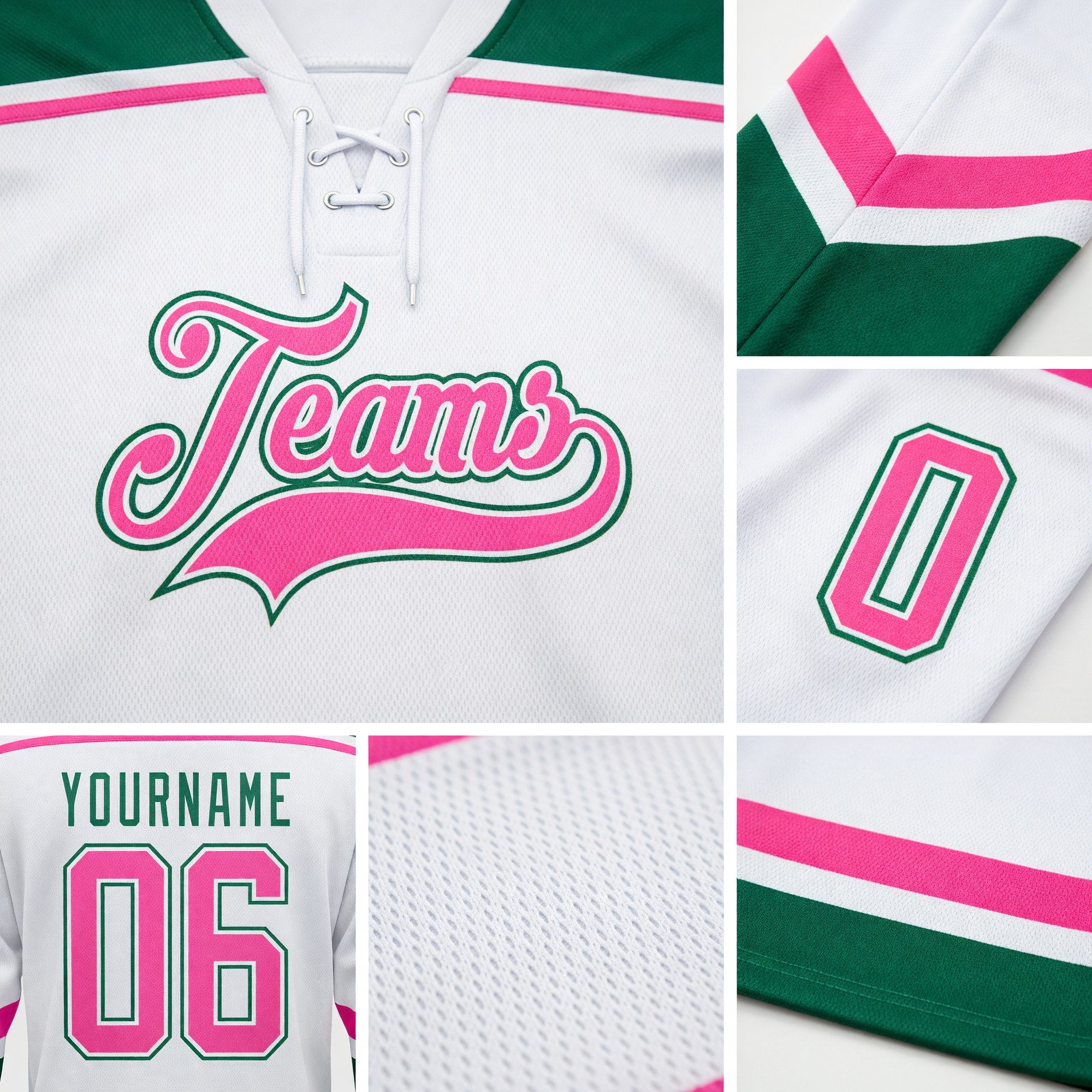 Custom White Pink-Kelly Green Hockey Lace Neck Jersey detail