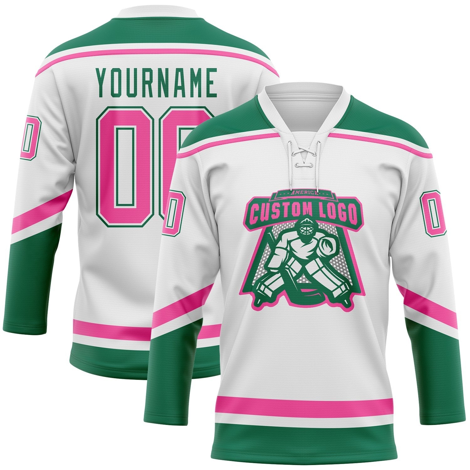 Custom White Pink-Kelly Green Hockey Lace Neck Jersey photo 2