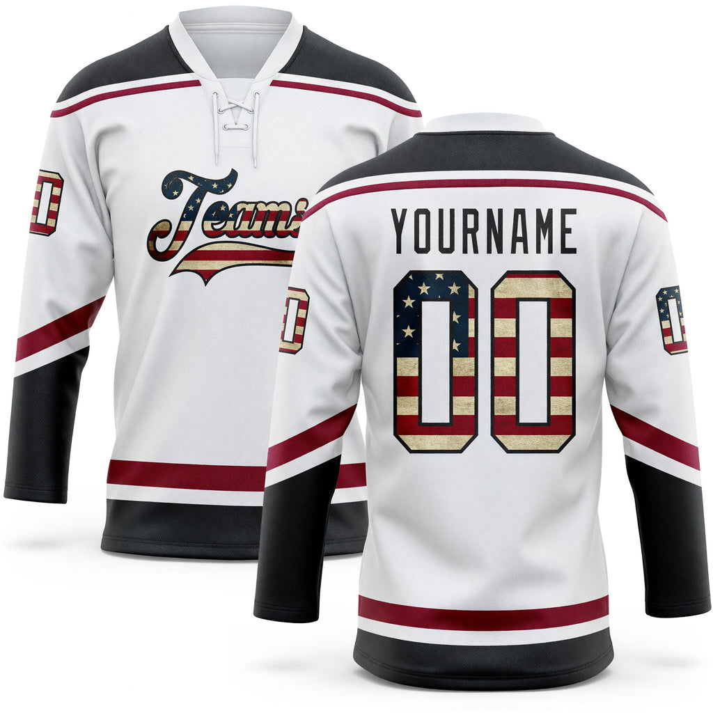 Custom White Vintage USA Flag Black-Maroon Hockey Lace Neck Jersey