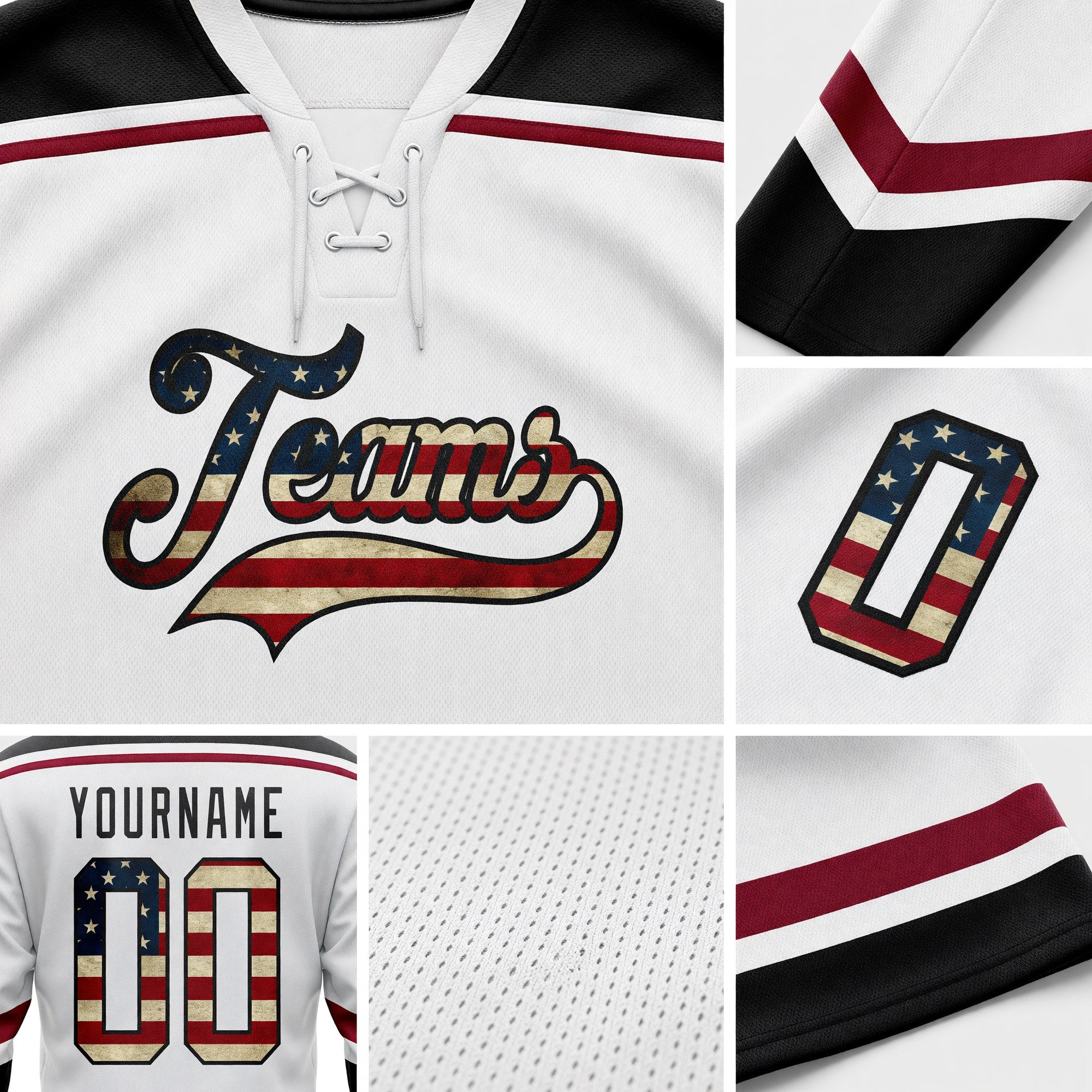 Custom White Vintage USA Flag Black-Maroon Hockey Lace Neck Jersey detail