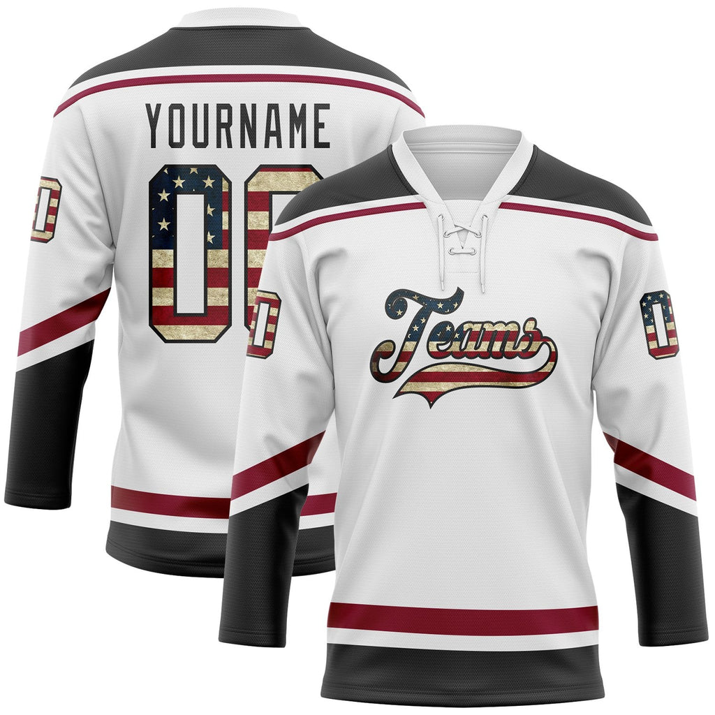 Custom White Vintage USA Flag Black-Maroon Hockey Lace Neck Jersey photo 1