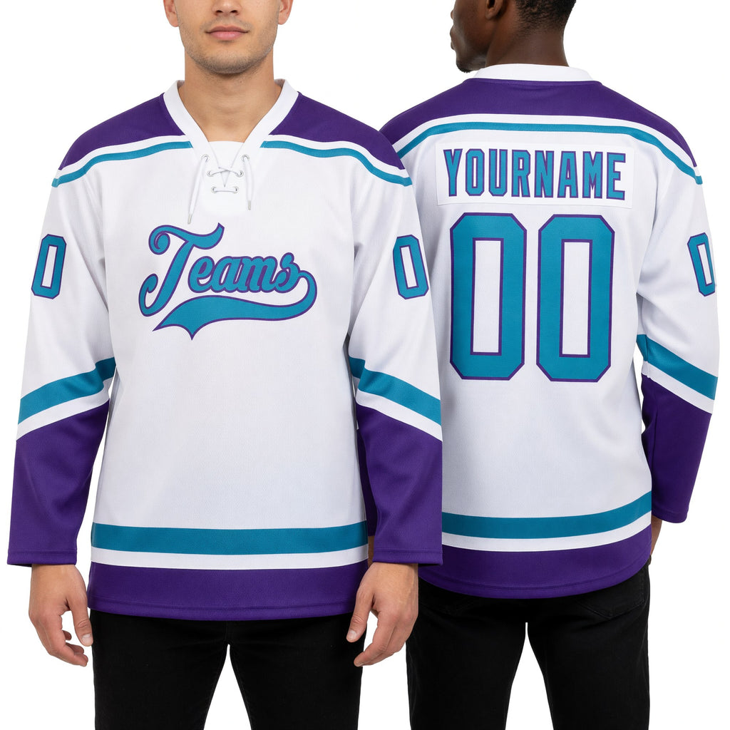 Custom White Teal-Purple Hockey Lace Neck Jersey worn front and back