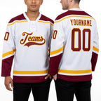 Custom White Crimson-Gold Hockey Lace Neck Jersey worn front and back