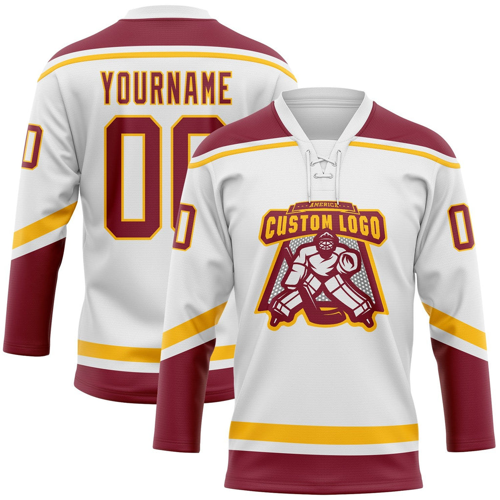 Custom White Crimson-Gold Hockey Lace Neck Jersey photo 2