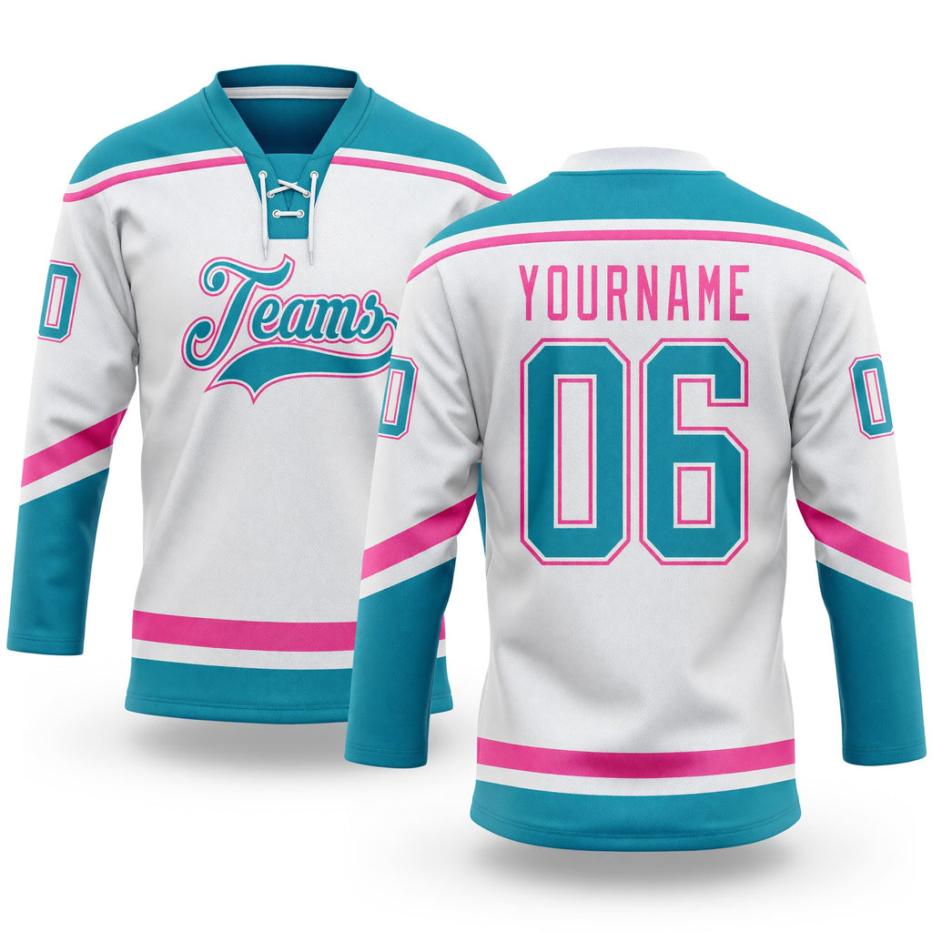 Custom White Teal-Pink Hockey Lace Neck Jersey