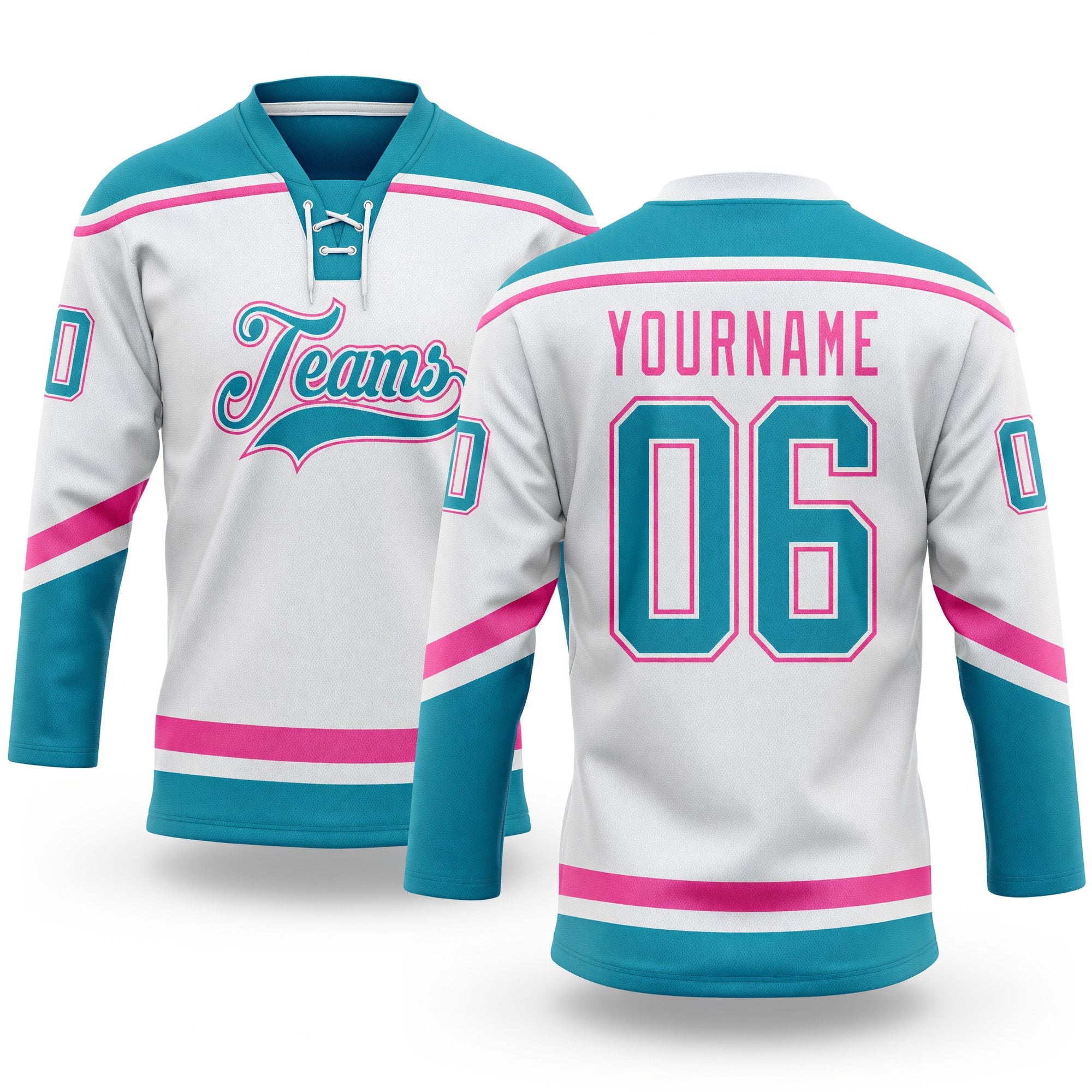 Custom White Teal-Pink Hockey Lace Neck Jersey