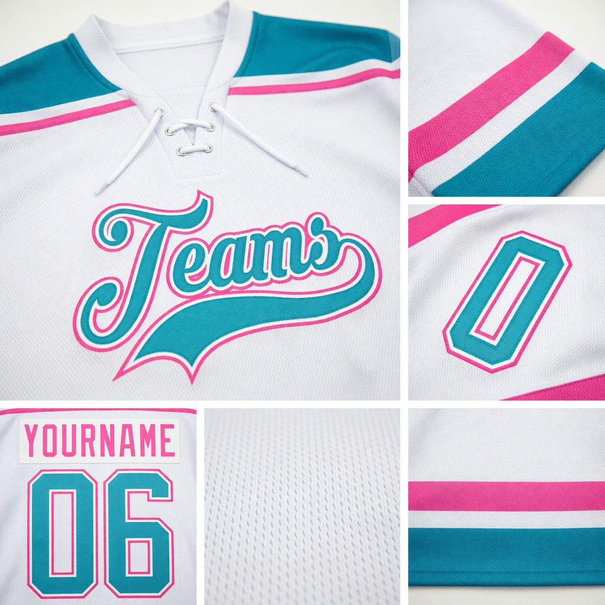 Custom White Teal-Pink Hockey Lace Neck Jersey detail