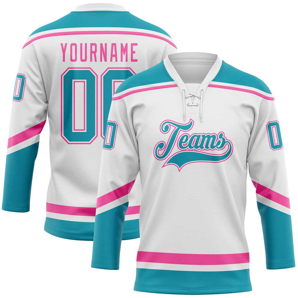 Custom White Teal-Pink Hockey Lace Neck Jersey photo 1
