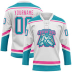 Custom White Teal-Pink Hockey Lace Neck Jersey photo 2