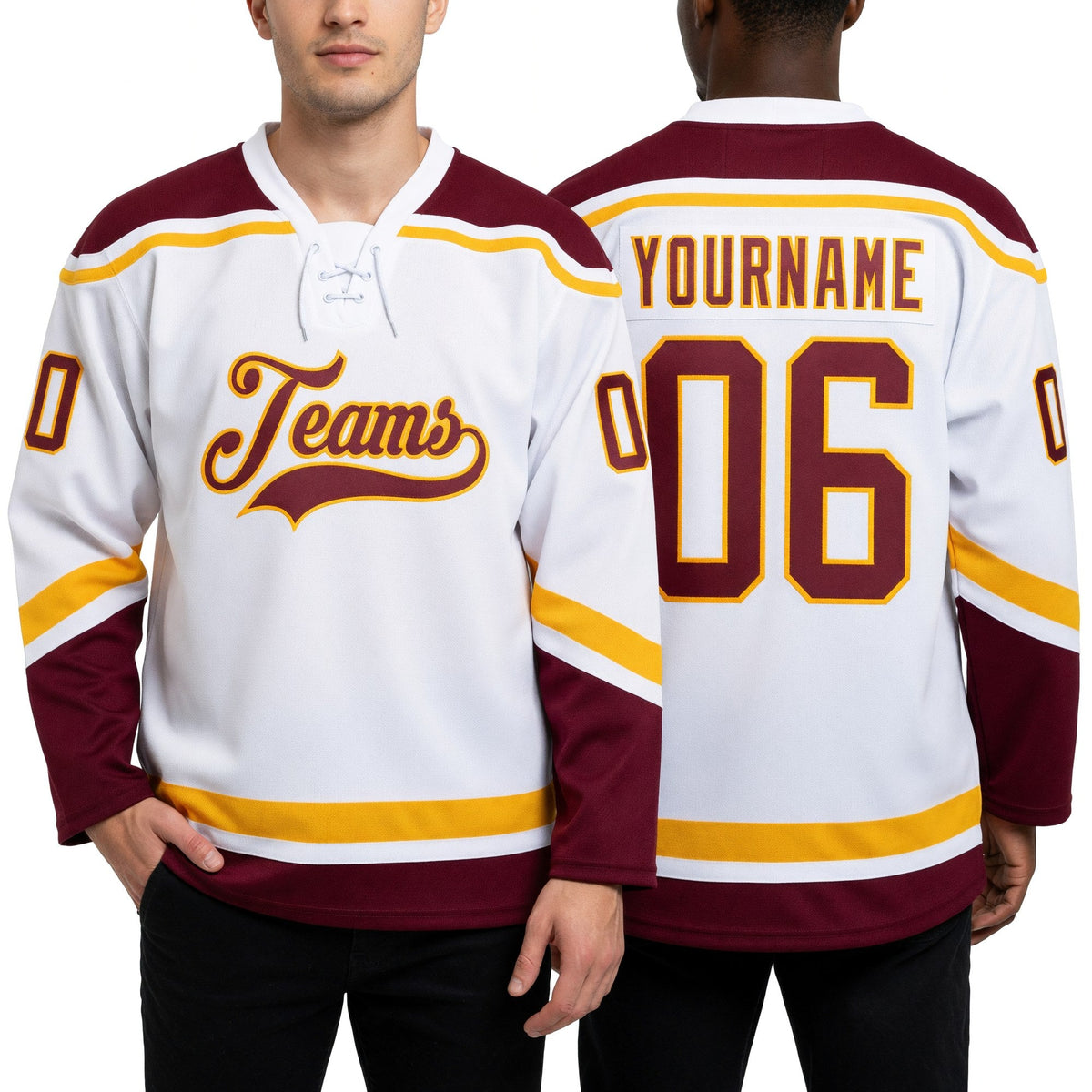 Custom White Burgundy-Gold Hockey Lace Neck Jersey worn front and back