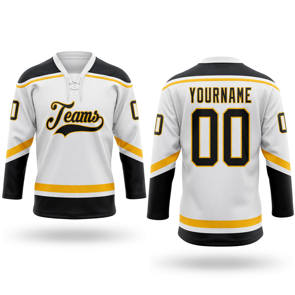 Custom White Black-Gold Hockey Lace Neck Jersey