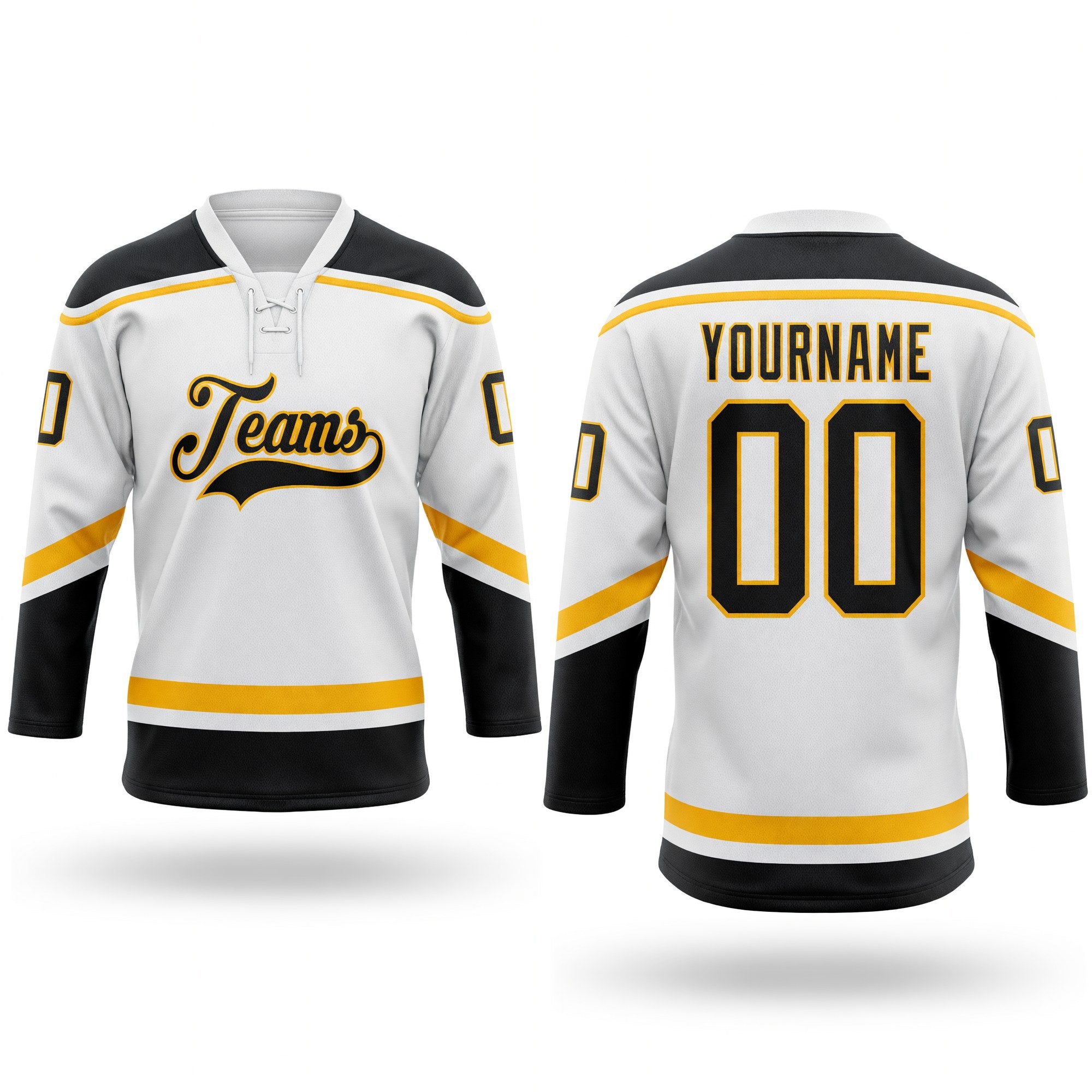 Custom White Black-Gold Hockey Lace Neck Jersey