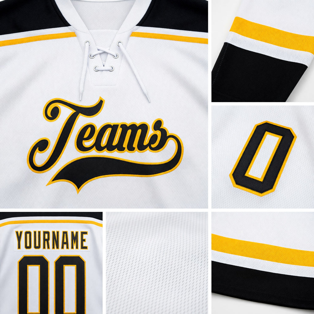 Custom White Black-Gold Hockey Lace Neck Jersey detail