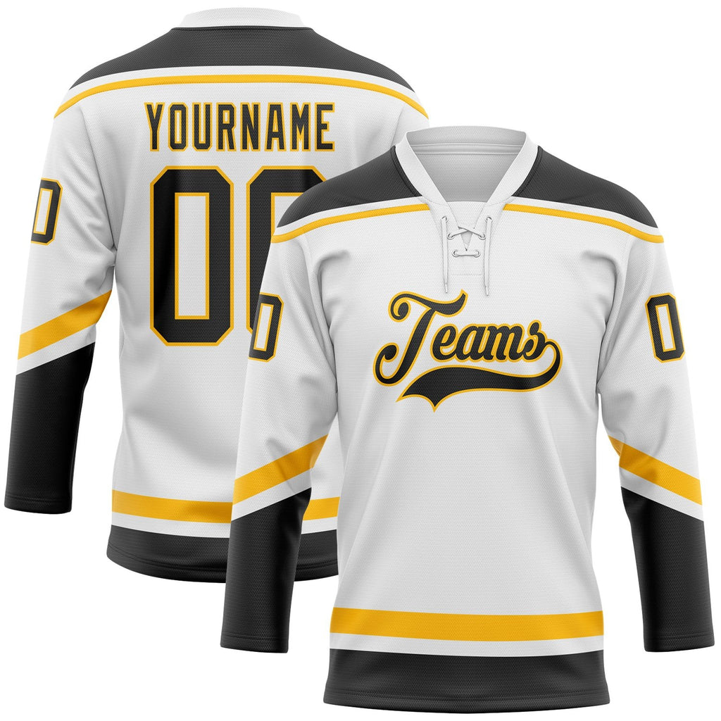 Custom White Black-Gold Hockey Lace Neck Jersey photo 1