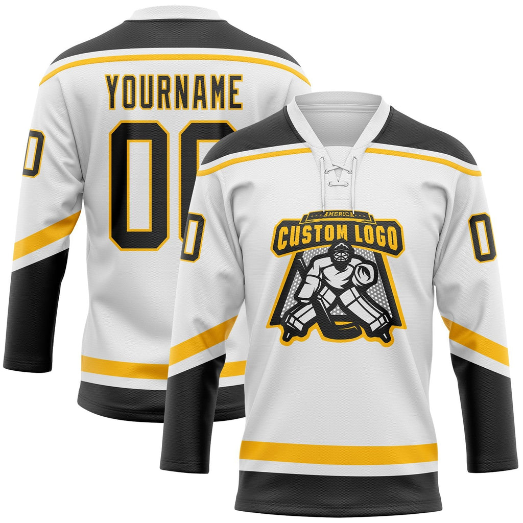 Custom White Black-Gold Hockey Lace Neck Jersey photo 2