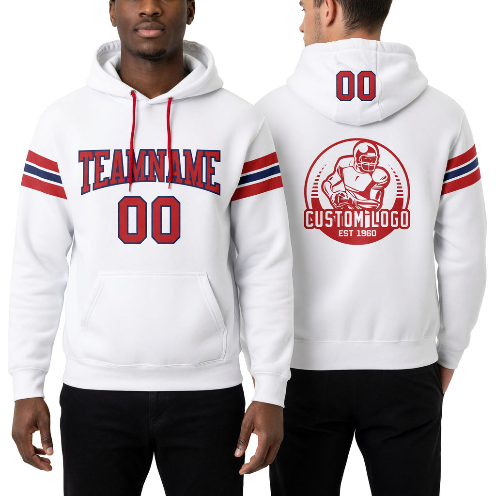 Custom Stitched White Red-Navy Football Pullover Sweatshirt Hoodie worn front and back