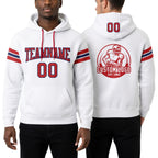 Custom Stitched White Red-Navy Football Pullover Sweatshirt Hoodie worn front and back