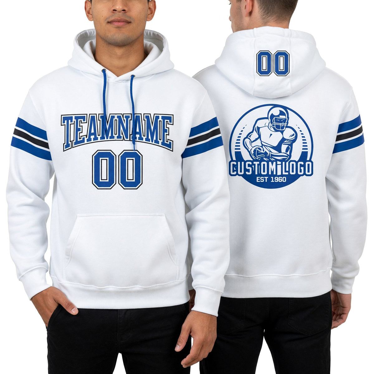 Custom Stitched White Royal-Black Football Pullover Sweatshirt Hoodie worn front and back