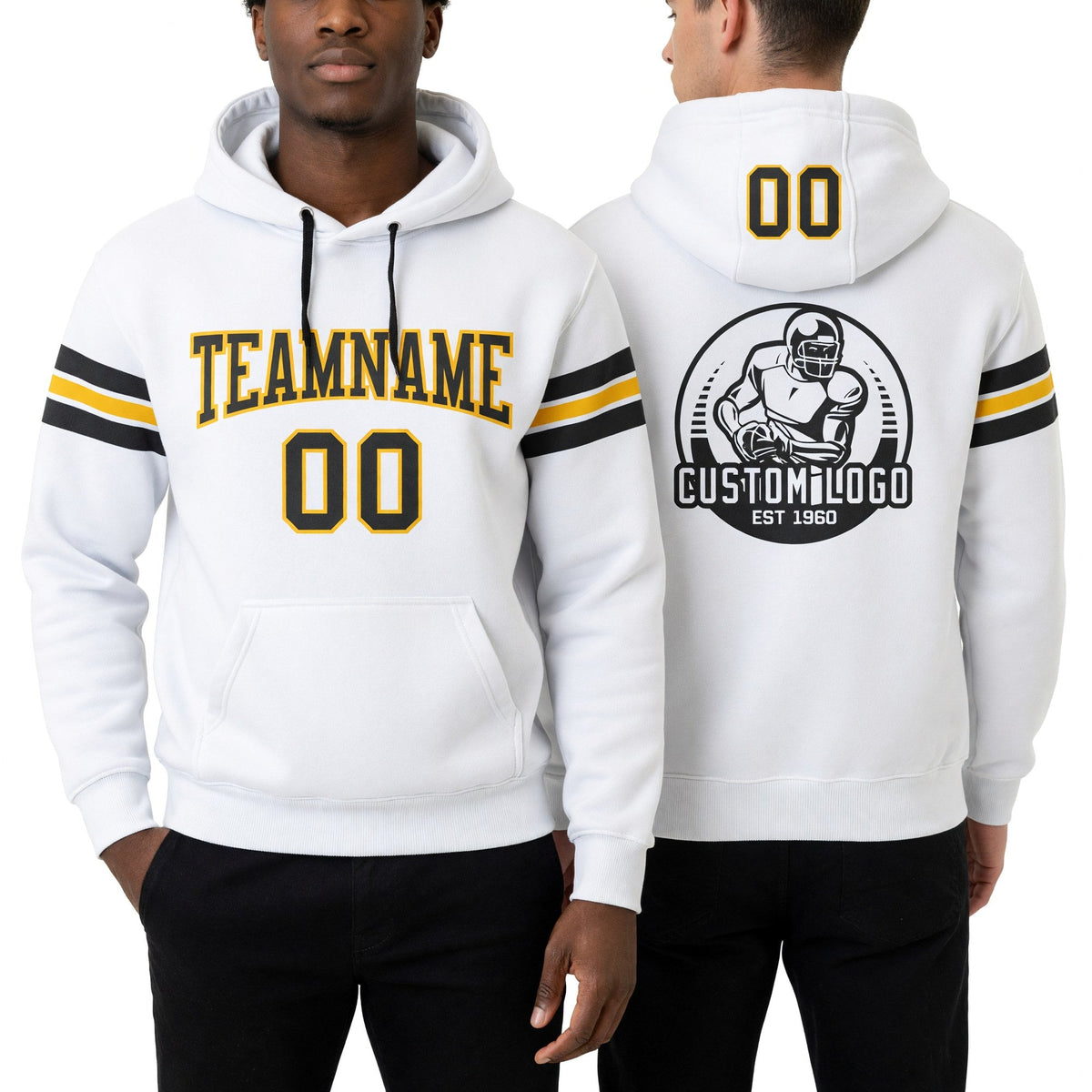Custom Stitched White Black-Gold Football Pullover Sweatshirt Hoodie worn front and back