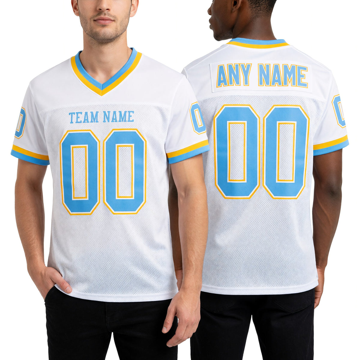 Custom White Light Blue-Gold Mesh Authentic Throwback Football Jersey worn front and back
