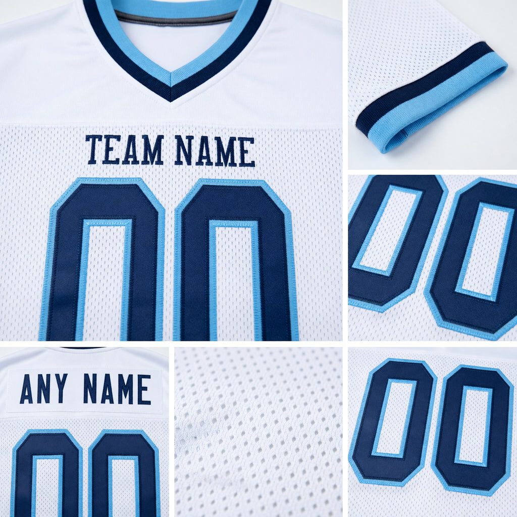 Custom White Navy-Light Blue Mesh Authentic Throwback Football Jersey detail