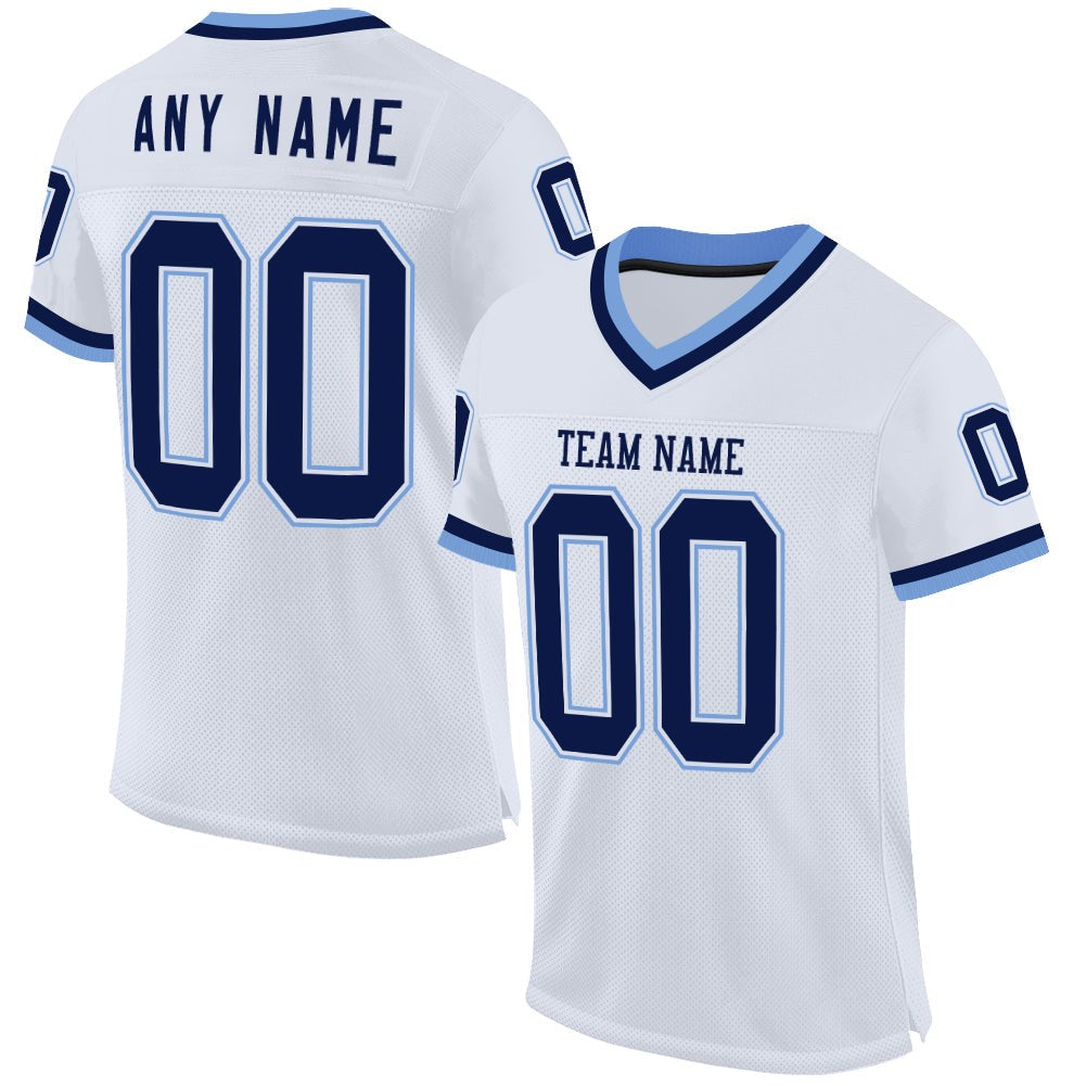 Custom White Navy-Light Blue Mesh Authentic Throwback Football Jersey photo 1