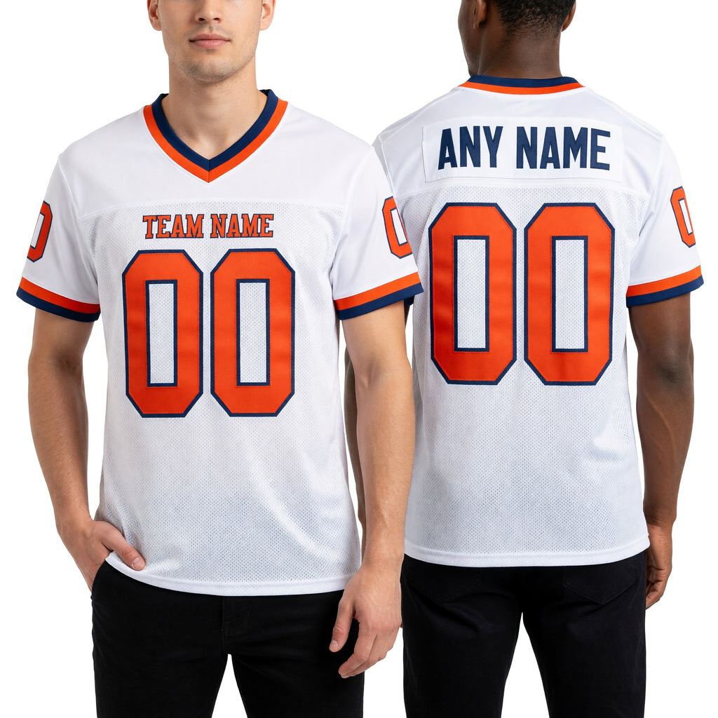 Custom White Orange-Royal Mesh Authentic Throwback Football Jersey worn front and back