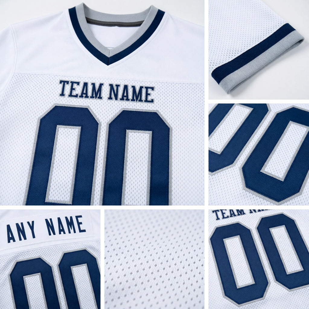 Custom White Navy-Gray Mesh Authentic Throwback Football Jersey detail