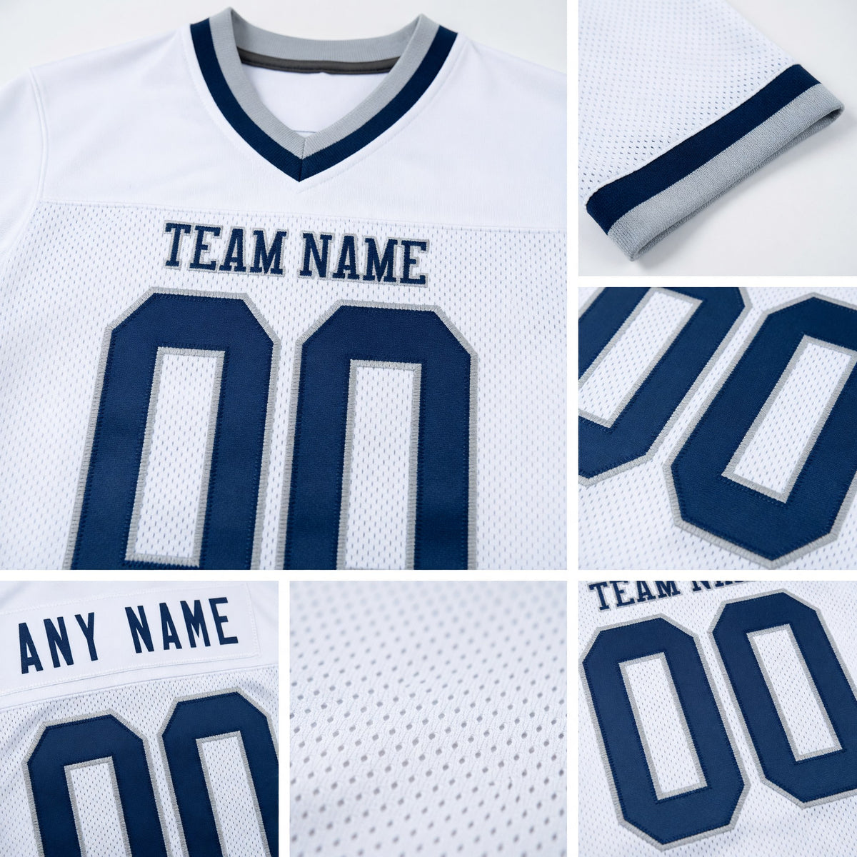 Custom White Navy-Gray Mesh Authentic Throwback Football Jersey detail