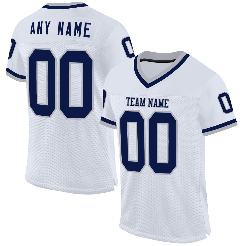Custom White Navy-Gray Mesh Authentic Throwback Football Jersey photo 1