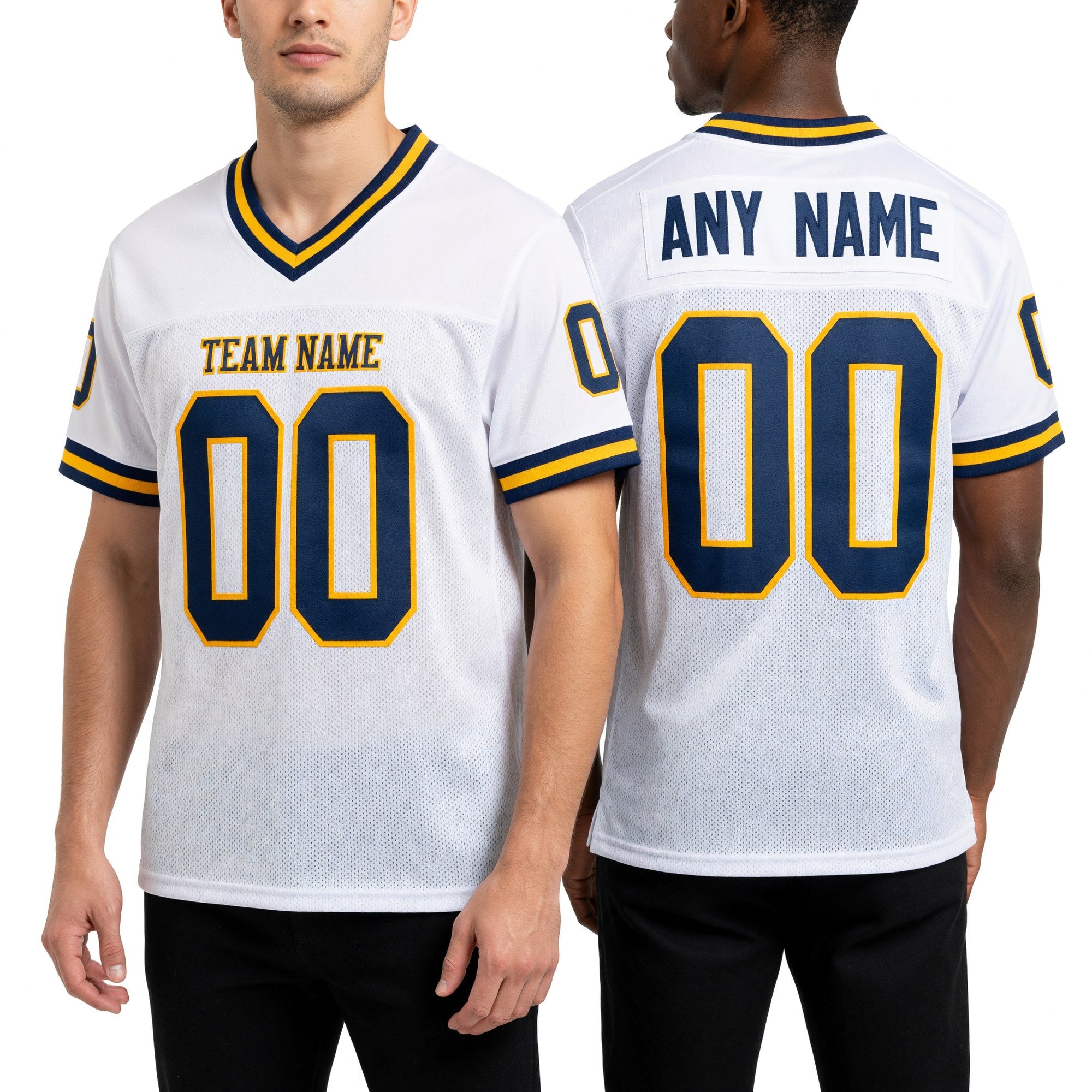 Custom White Navy-Gold Mesh Authentic Throwback Football Jersey worn front and back