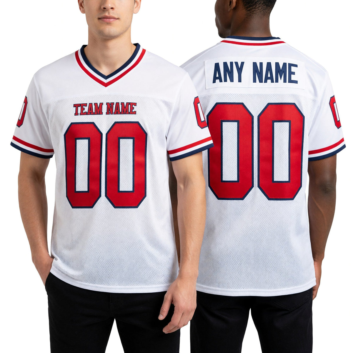 Custom White Red-Navy Mesh Authentic Throwback Football Jersey worn front and back