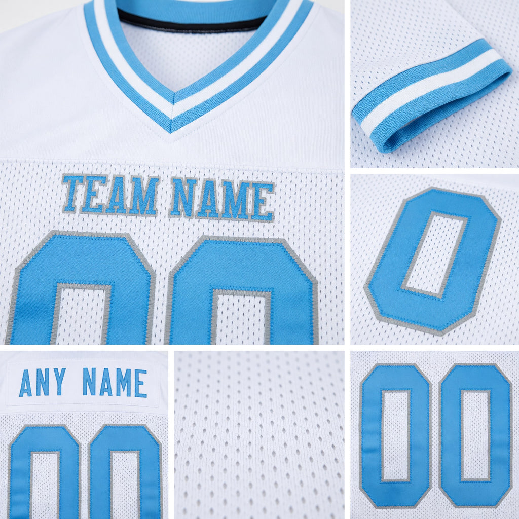 Custom White Light Blue-Gray Mesh Authentic Throwback Football Jersey detail