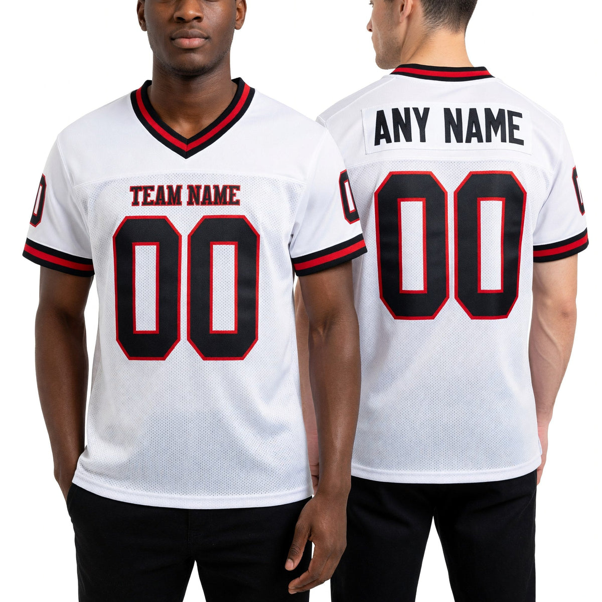 Custom White Black-Red Mesh Authentic Throwback Football Jersey worn front and back