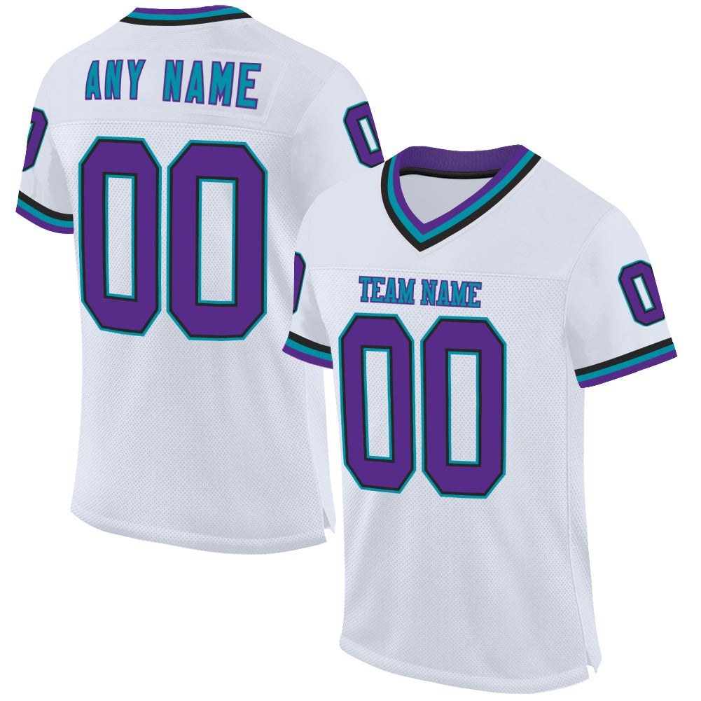 Custom White Purple Black-Teal Mesh Authentic Throwback Football Jersey photo 1