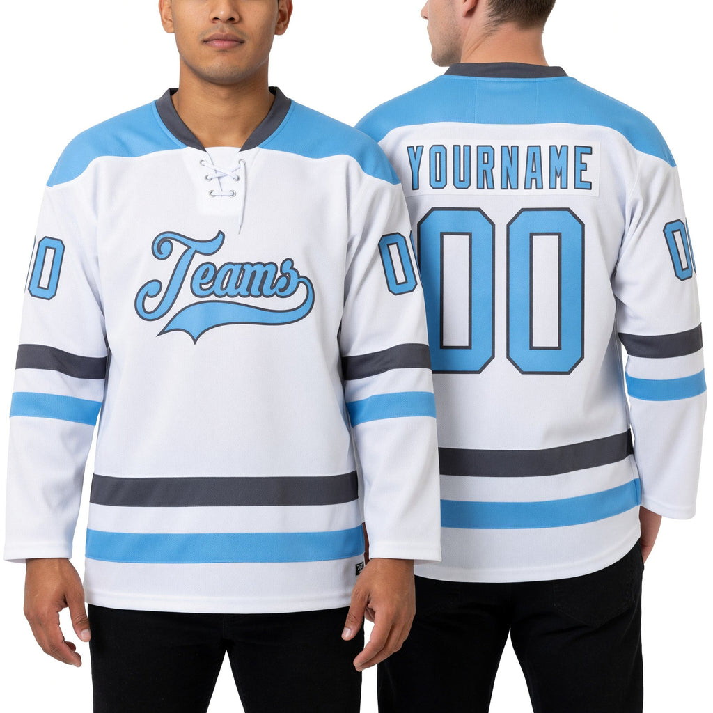 Custom White Light Blue-Steel Gray Hockey Lace Neck Jersey worn front and back