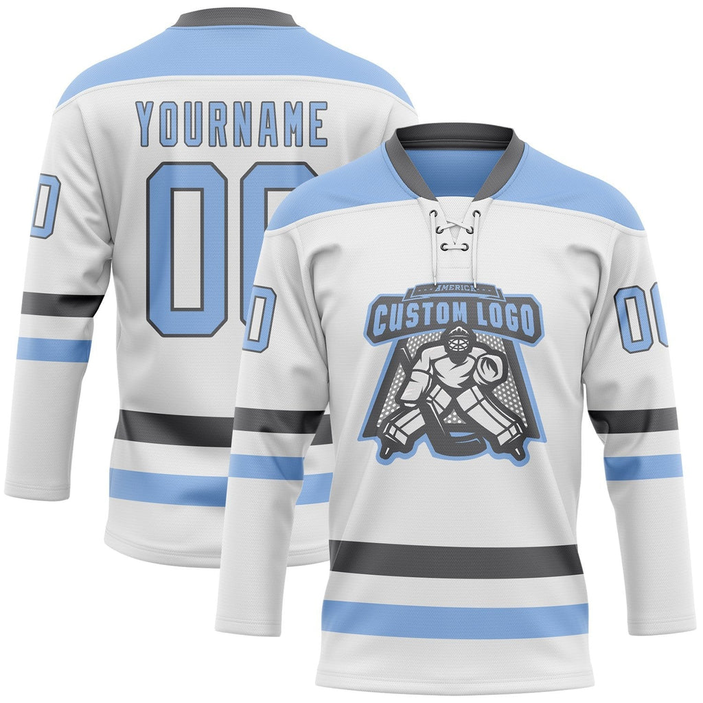 Custom White Light Blue-Steel Gray Hockey Lace Neck Jersey photo 2