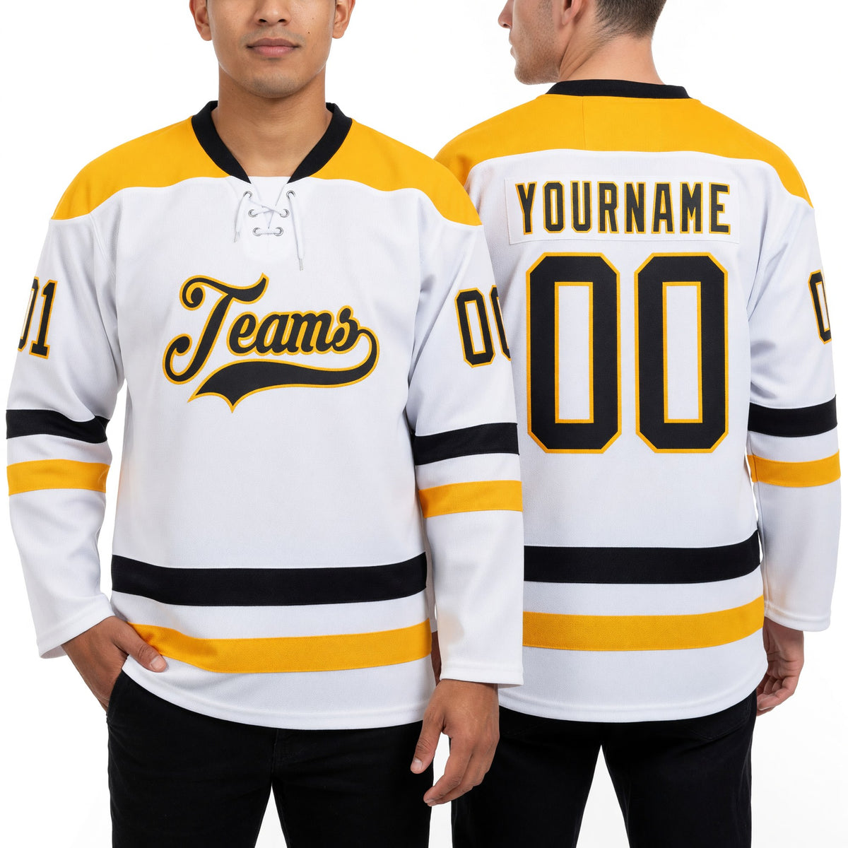 Custom White Black-Gold Hockey Lace Neck Jersey worn front and back
