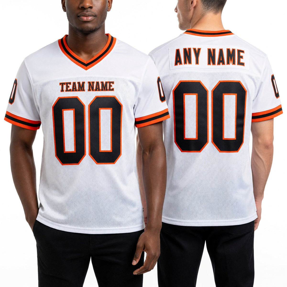 Custom White Black-Orange Mesh Authentic Throwback Football Jersey worn front and back