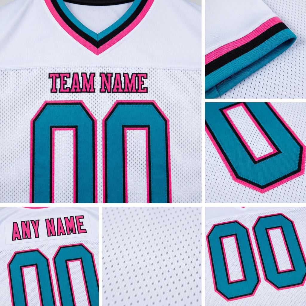 Custom White Teal Black-Pink Mesh Authentic Throwback Football Jersey detail