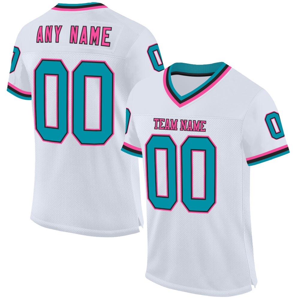 Custom White Teal Black-Pink Mesh Authentic Throwback Football Jersey photo 1