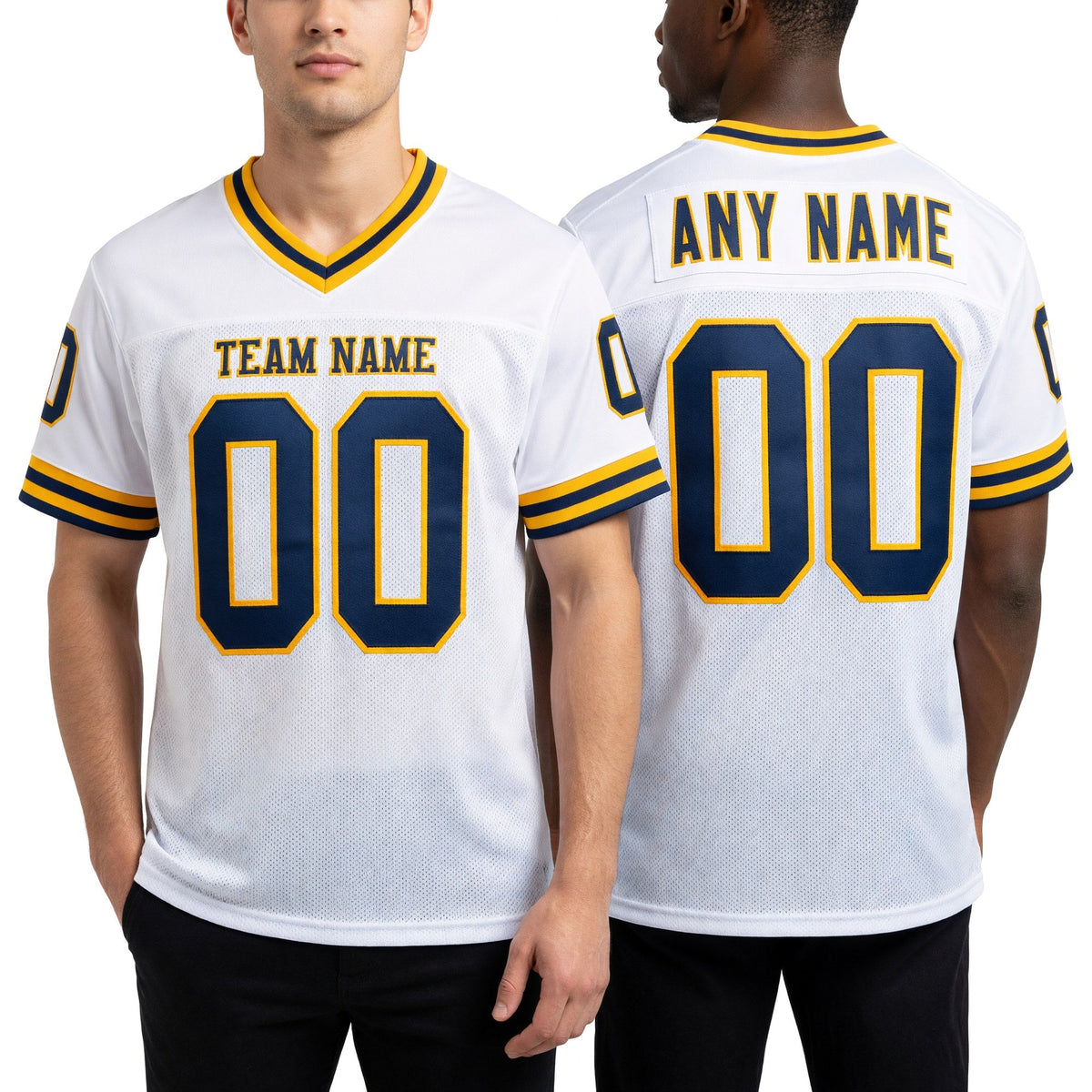Custom White Navy-Old Gold Mesh Authentic Throwback Football Jersey worn front and back