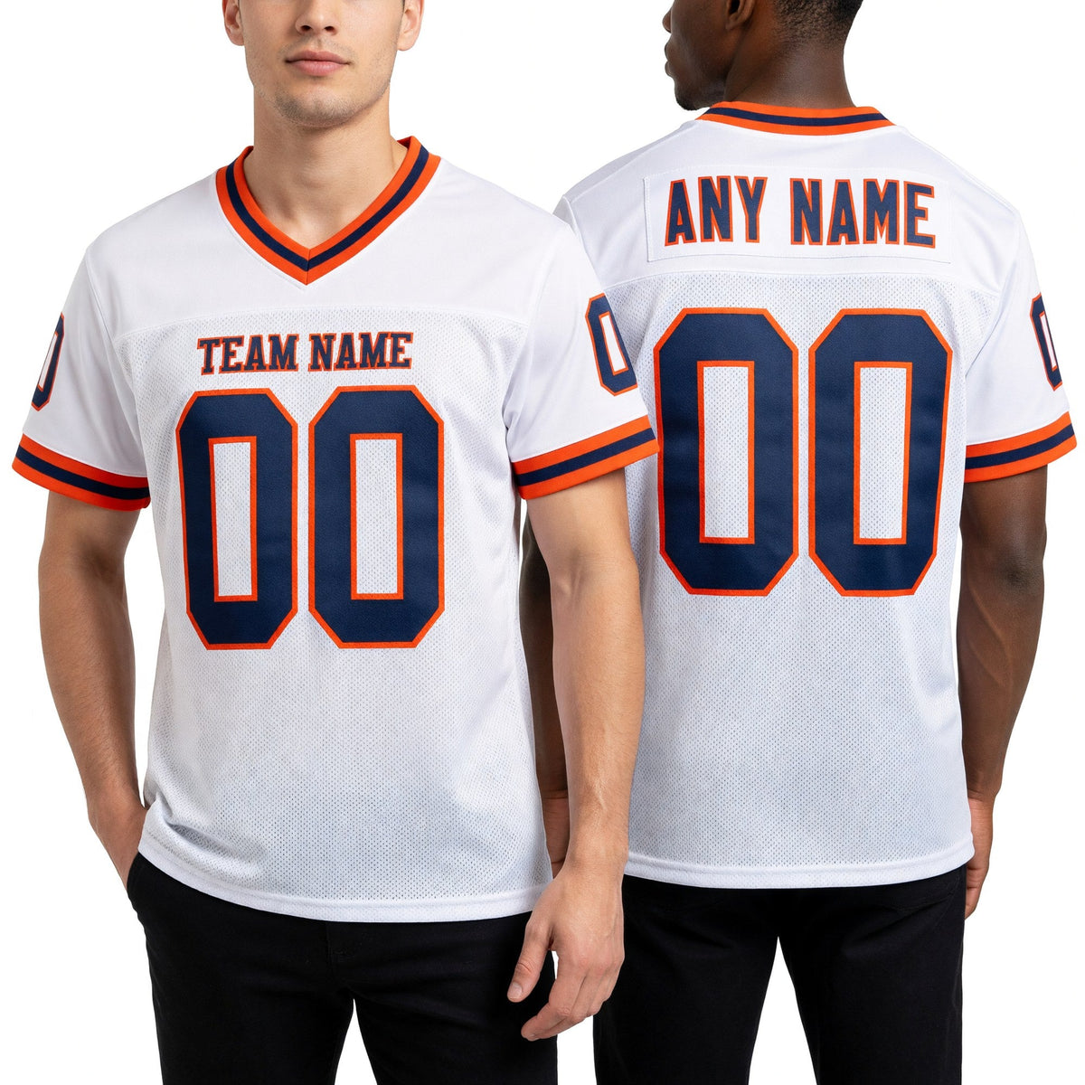 Custom White Navy-Orange Mesh Authentic Throwback Football Jersey worn front and back